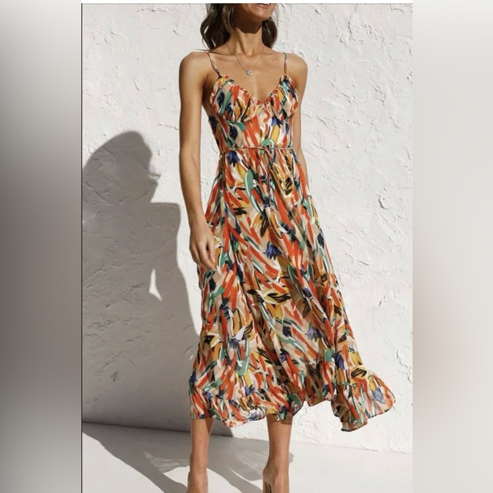 NWT Commense Multi Color spaghetti strap Midi Dress Sz XS